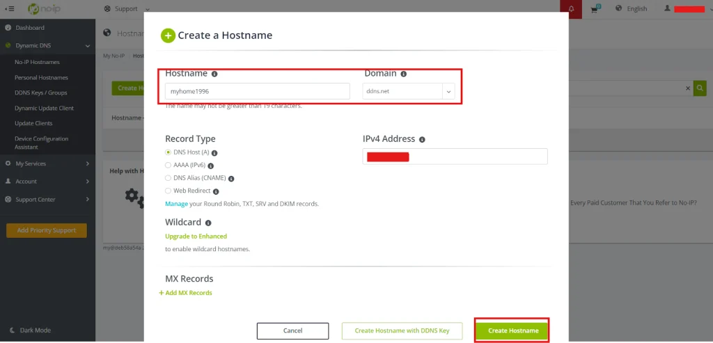 Create noip Hostname