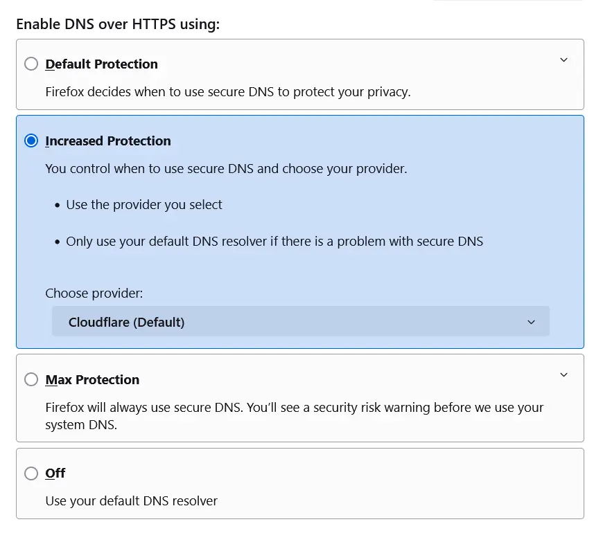 Firefox DNS over HTTPS Options
