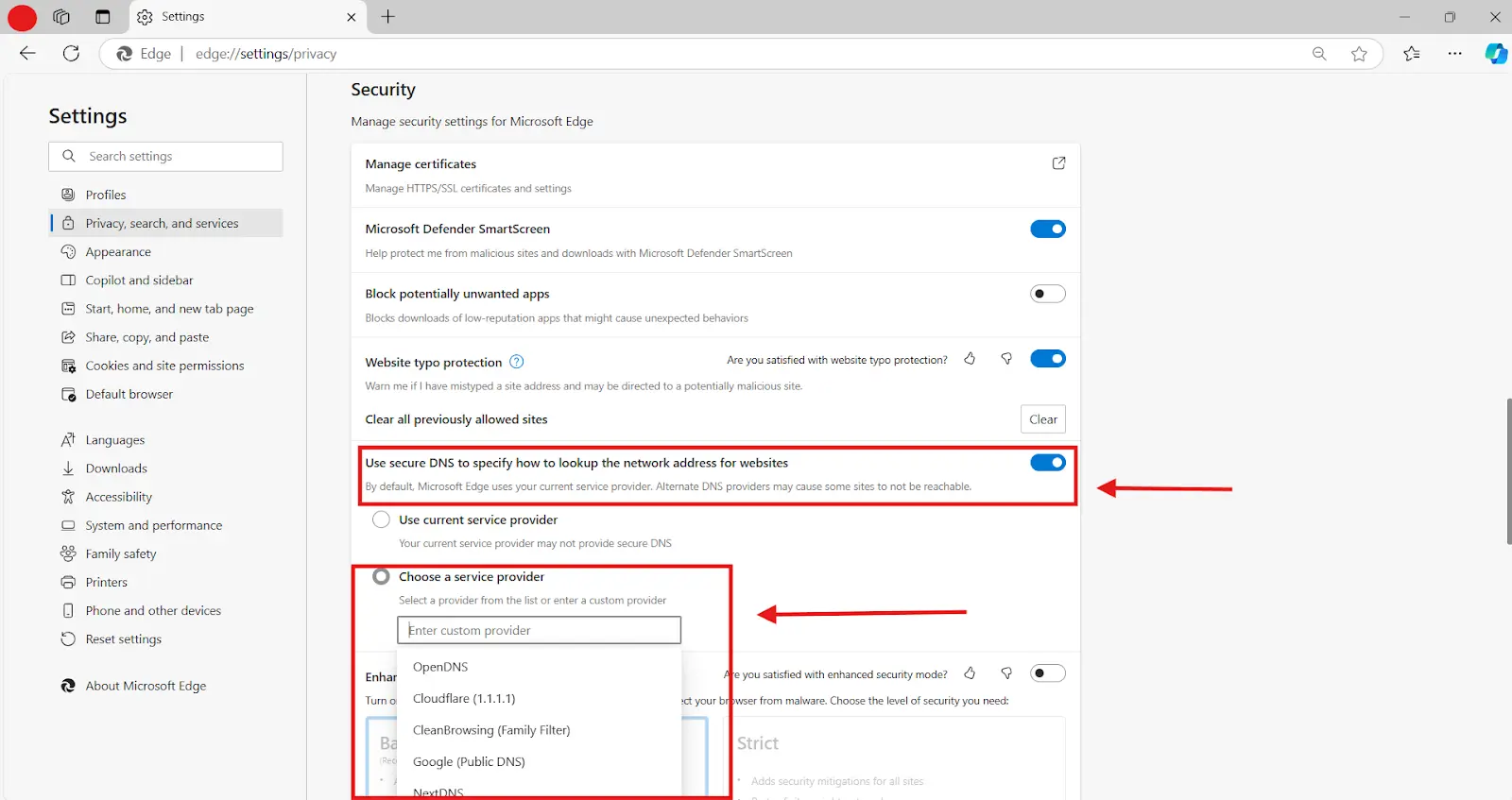 Enable Secure DNS on Edge