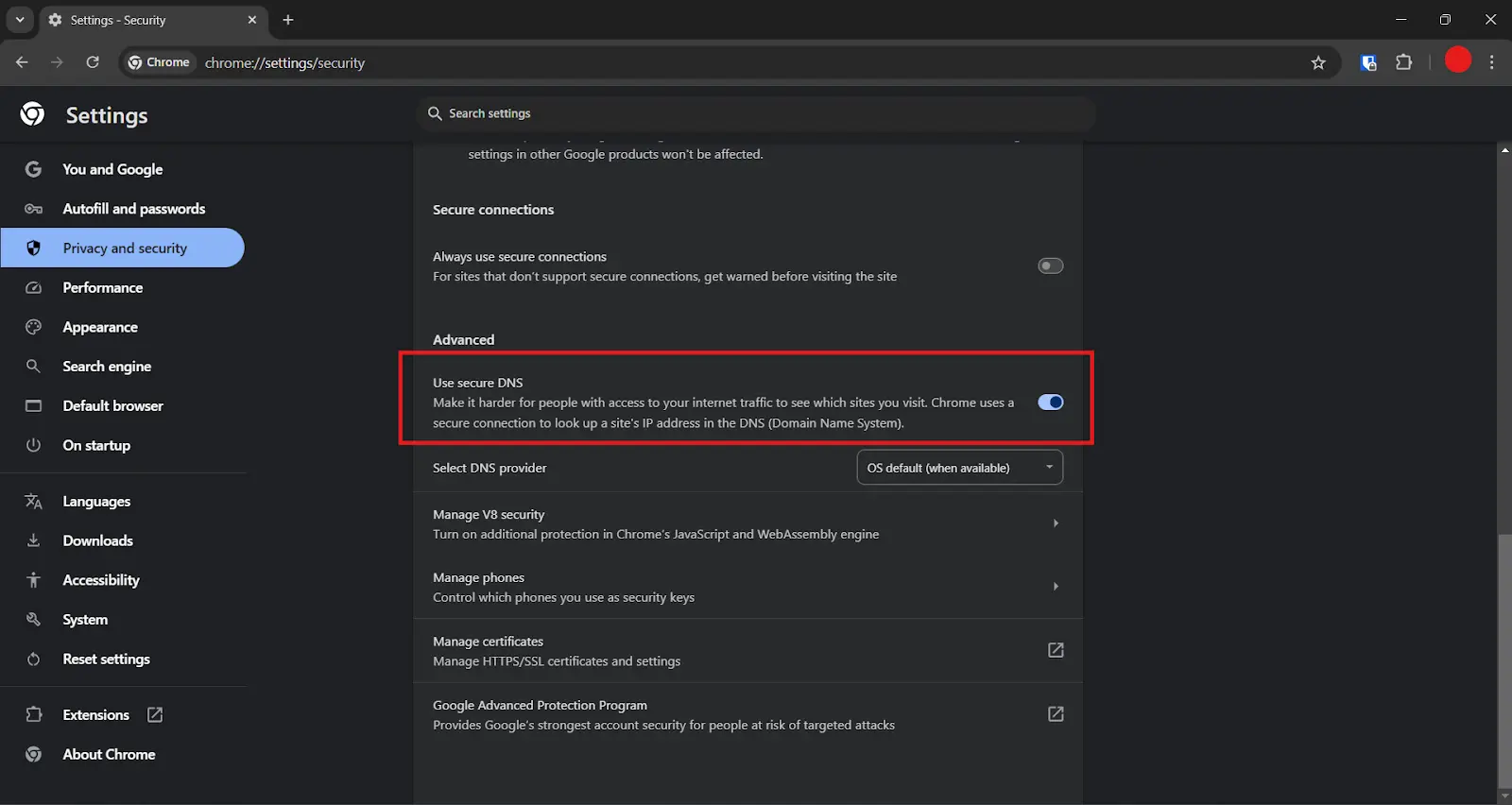 Chome User Secure DNS