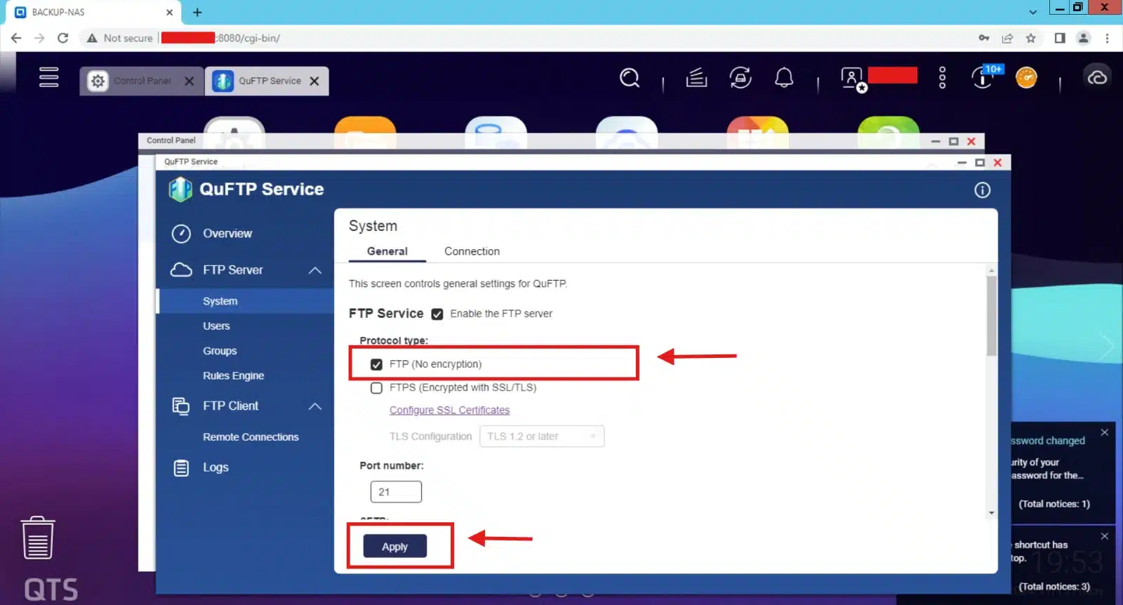 Enable FTP on remote storage