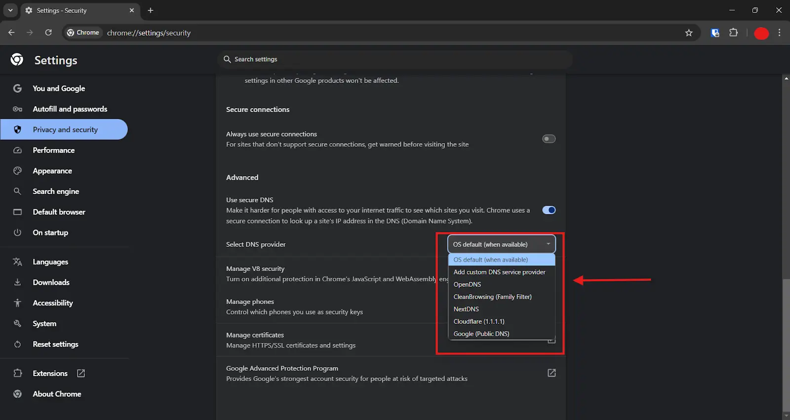 Chrome choose DoH Provider