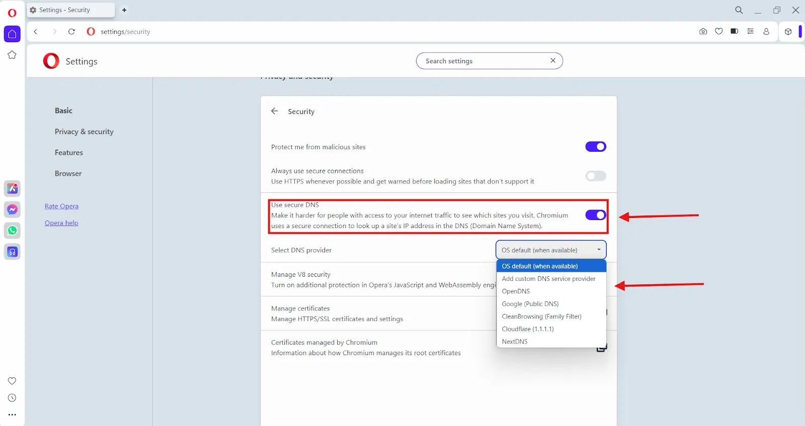 Opera use secure DNS