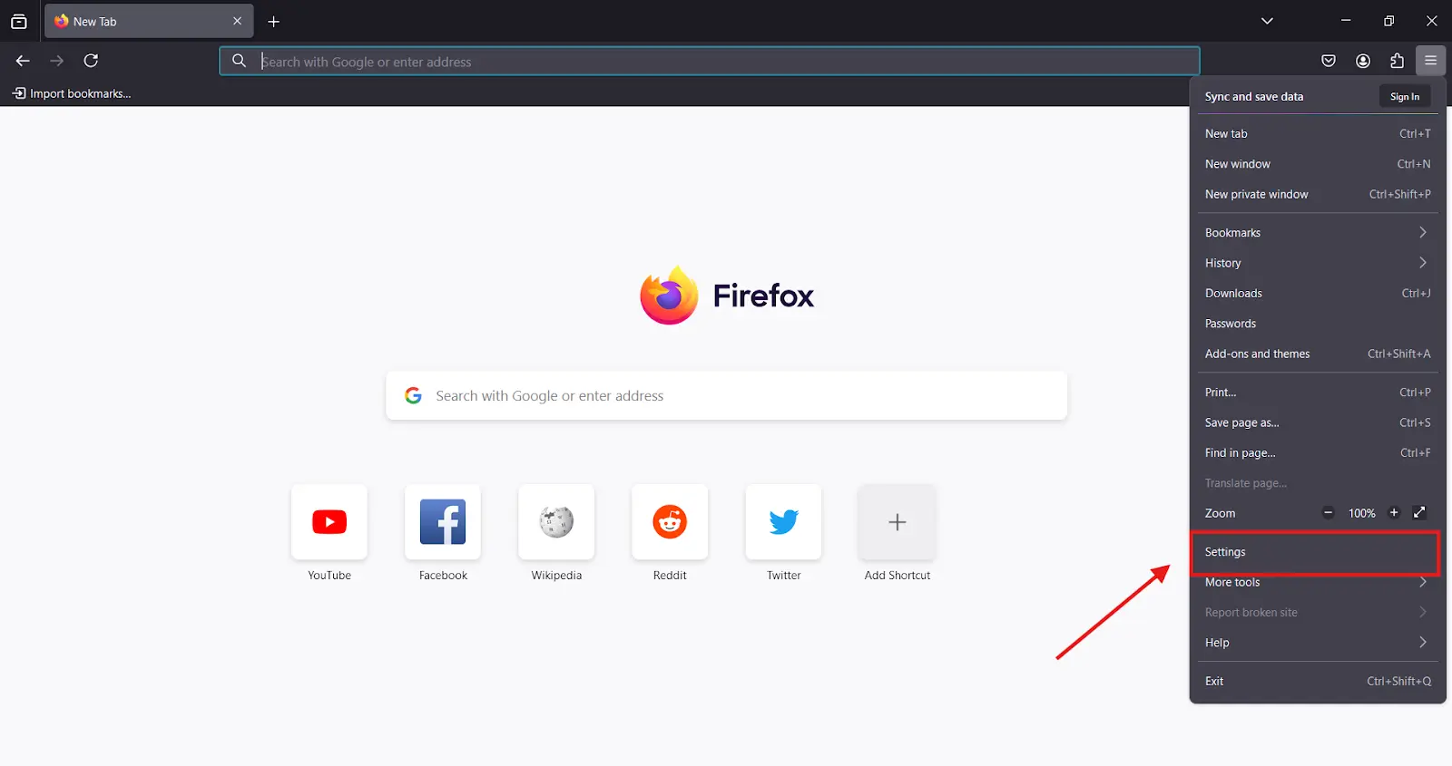 open Firefox settings