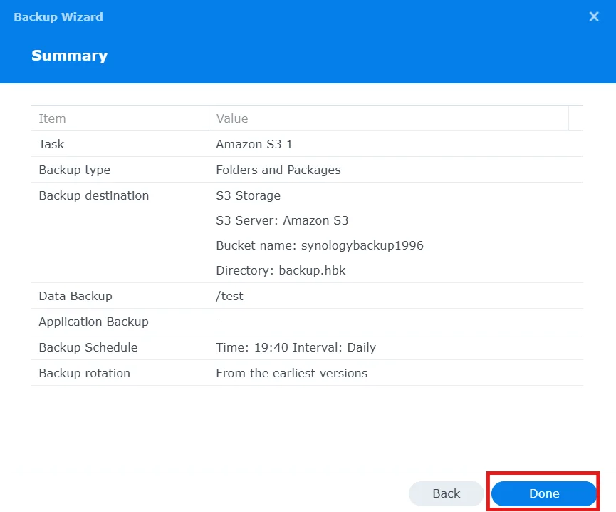 Synology backup job summary