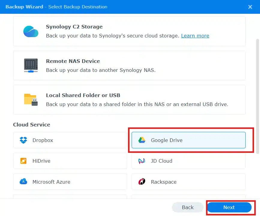 Destination as Google Drive